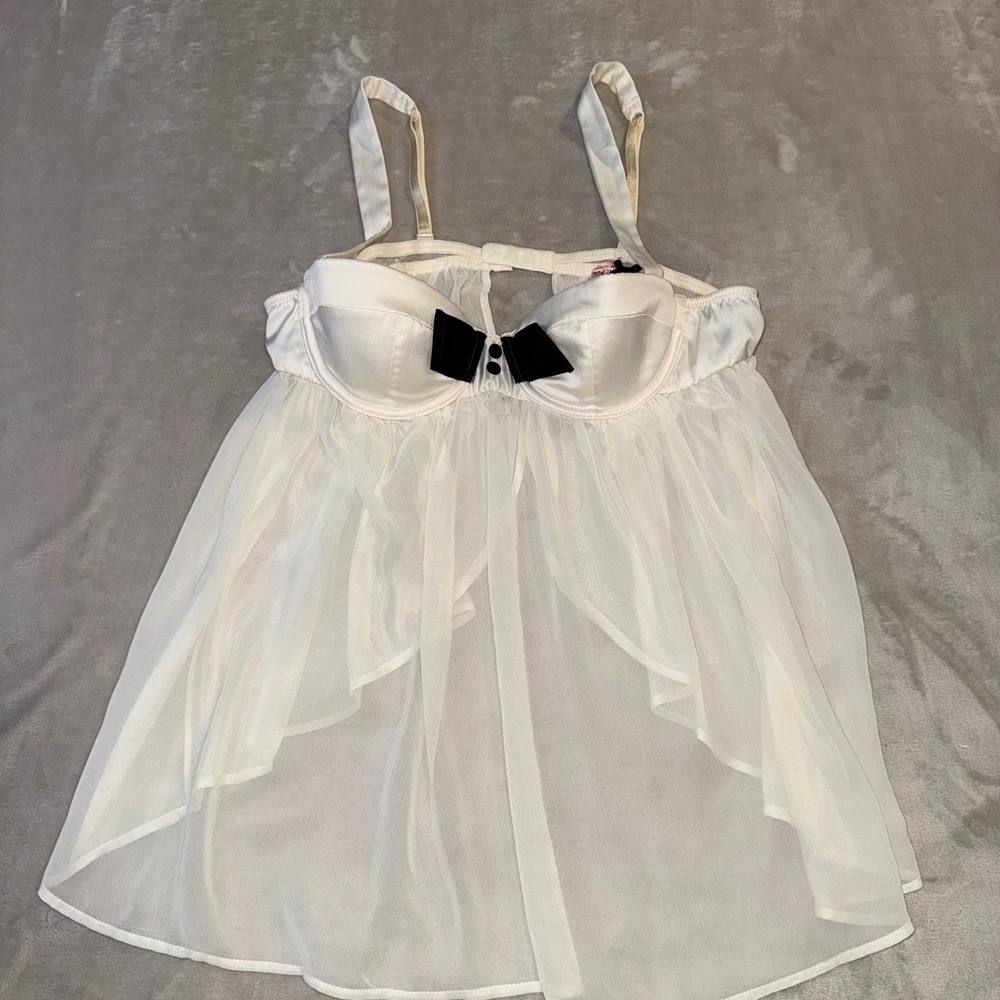 Victorias Secret Sexy Little Things Babydoll Ivory Black Bow Lingerie 36B
